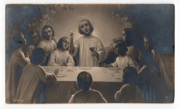 画像1: 【白黒写真風】【初聖体拝領記念幼子イエスと子供たち】【1927年】イタリア・アンティーク＆ヴィンテージホーリーカード (1)