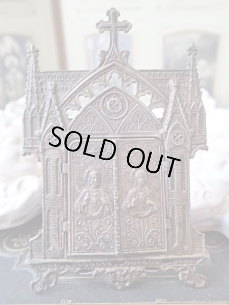 画像3: 【ゴシック聖堂ファサード風観音開き小祭壇スタンド】【イエスの御心聖母の御心】【ラゲの聖母】フランス・アンティーク＆ヴィンテージ聖品 (3)