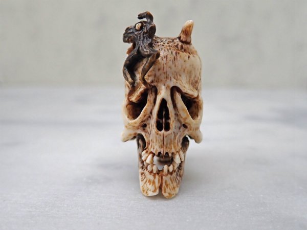 画像4: 髑髏彫刻【早贄髑髏首】【百舌の早贄鬼髑髏】鹿角製 髑髏作家服部・髑髏根付・提げ物・彫刻・その他髑髏作品 (4)