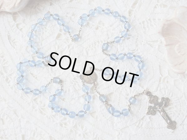 画像2: 【ブルーカットガラス珠一部花座付】【パーツは全てシルバー製ロザリオ小】【キリストアトリビュートクロス】フランス・アンティーク＆ヴィンテージロザリオ (2)