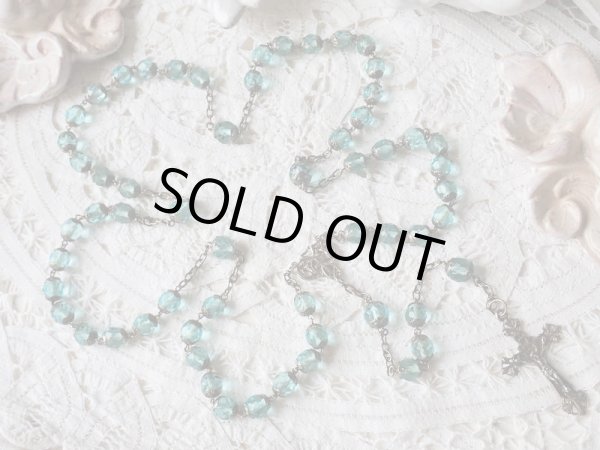 画像3: 【総花座大粒アクアマリン色カットガラス珠ロザリオ】【総シルバーパーツ】【百合の意匠】フランス・アンティーク＆ヴィンテージロザリオ (3)