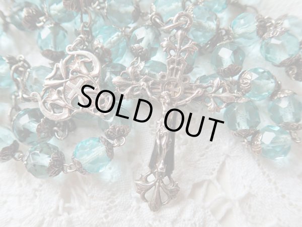 画像5: 【総花座大粒アクアマリン色カットガラス珠ロザリオ】【総シルバーパーツ】【百合の意匠】フランス・アンティーク＆ヴィンテージロザリオ (5)