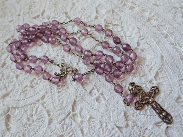 画像9: 【ライトアメジストカラーカットガラス珠ロザリオ大】【総シルバーパーツ】フランス・アンティーク＆ヴィンテージロザリオ (9)