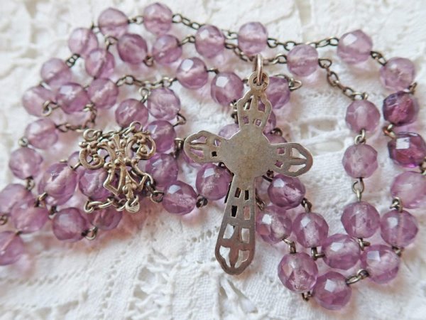 画像11: 【ライトアメジストカラーカットガラス珠ロザリオ大】【総シルバーパーツ】フランス・アンティーク＆ヴィンテージロザリオ (11)