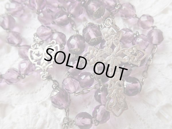 画像10: 【花座付アメジストカラーカットガラス珠ロザリオ大】【総シルバーパーツ】フランス・アンティーク＆ヴィンテージロザリオ (10)