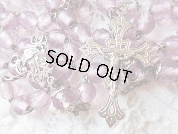 画像8: 【花座付ライトアメジストカラーカットガラス大珠ロザリオ】【総シルバーパーツ】フランス・アンティーク＆ヴィンテージロザリオ (8)