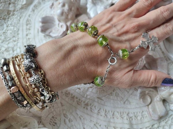 画像14: 【大粒ウランガラス珠の1連ロザリオブレスレット】【1900年代初頭】【総シルバーパーツ＆総花座付珠】フランス・アンティーク＆ヴィンテージロザリオ (14)