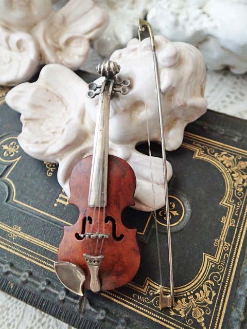 シルバー925と木製ミニチュア楽器】【バイオリンと弓】イタリア